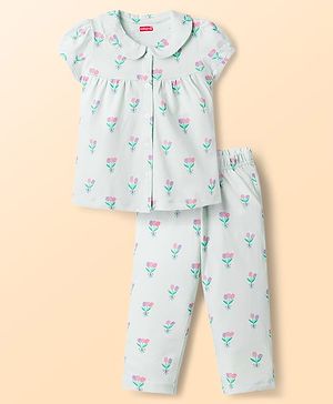 Babyhug Cotton Knit Half Sleeves Co-Ord Peter Pan Collared Top & Pyjama Night Suit With Floral Print - Mint