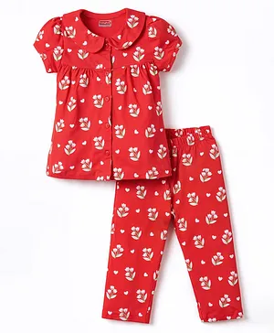 Babyhug Cotton Knit Half Sleeves
                              Co-Ord Peter Pan Collared Top & Pyjama
                              Night-Suit With Floral Print - Red
