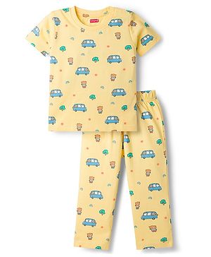 Babyhug Cotton Knit Half Sleeves Co-Ord T-Shirt & Pyjama Night Suit With Car Print - Yellow