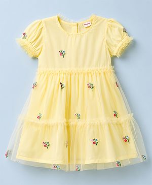 Babyhug Cotton Woven One Piece Dresses/Frocks with Embroidered Half Sleeves Round Neck Yellow 0-3 Months