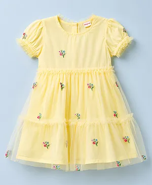 Babyhug Cotton Woven One Piece
                                  Dresses/Frocks with Embroidered Half
                                  Sleeves Round Neck Yellow 0-3 Months
