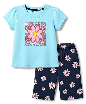Honeyhap Premium 100% Cotton Knit
                              Half Sleeves Floral Printed T-Shirt &
                              Capri Night Suit With Bio Wash - Aqua
                              Blue