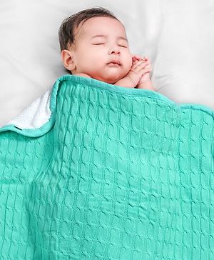 Babyhug Premium Cotton Knitted & Fur Blanket - Green