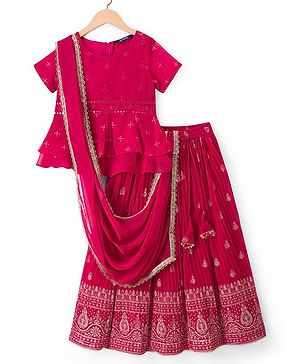 Pine Kids Woven Half Sleeves Floral Embroidered Choli Lehenga Set With Dupatta - Dark Pink