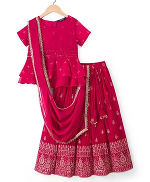 Pine Kids Woven Half Sleeves Floral
                              Embroidered Choli Lehenga Set With Dupatta
                              - Dark Pink