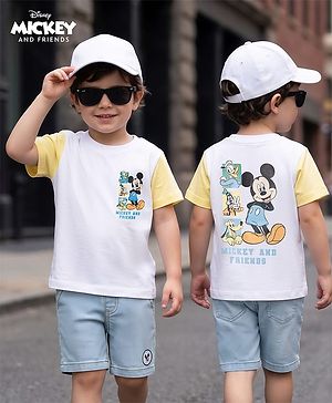 Babyhug Disney Single Jersey Knit Half Sleeves T-Shirt & Denim Shorts set with Front & Back Mickey & Friends Graphics - Multicolor