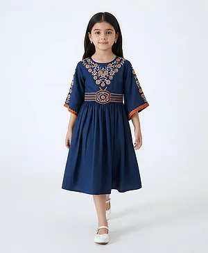 Bella Moda Cotton Woven Half Bell Sleeves
                      Floral Embroidered Dress - Navy Blue
