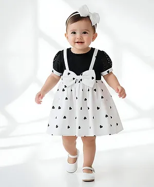 Bella Moda Cotton Woven Half
                                  Puffed Sleeves Hearts Printed Dress -
                                  Black