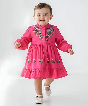 Bella Moda Cotton Woven Full
                                  Sleeves Floral Embroidered Dress -
                                  Dark Pink