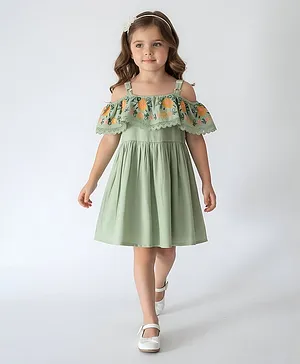 Bella Moda Cotton Woven Cold
                                  Shoulder Floral Embroidered Dress -
                                  Green