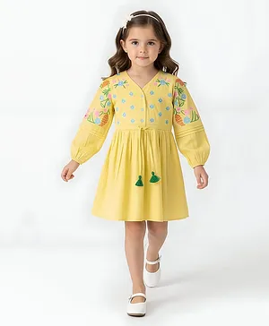 Bella Moda Cotton Woven Full
                                  Puffed Sleeves Floral Embroidered
                                  Dress - Yellow