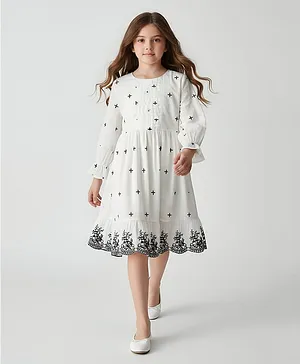 Bella Moda Cotton Woven Full
                                  Peasant Sleeves Cross & Floral
                                  Embroidered Dress - White