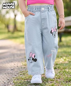 Babyhug Disney Denim Full Length Jeans With Minnie Mouse Graphic & Bow Embroidery - Light Blue