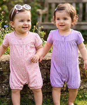 Babyhug 100% Cotton Knit Half Sleeves
                              Solid & Floral Printed Rompers Pack of
                              2 - Multicolor