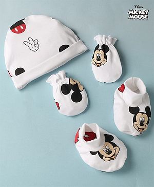 Babyhug Disney Interlock Knit Cap Mittens & Booties with Mickey Mouse Print White - Diameter - 16 cm