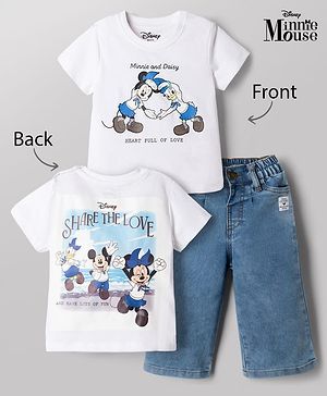 Babyhug Disney Single Jersey Knit Half Sleeves T-shirt and Jeans With Front and Back Minnie and Daisy Graphics - White & Blue