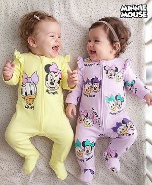 Babyhug Interlock Knit Full Sleeves Sleep Suit with Minnie & Friends Pack of 2 - Plum & Yellow