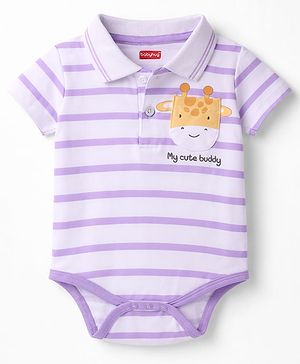 Babyhug 100% Cotton Knit Half Sleeves Striped Onesie with Giraffe Print - Multicolor