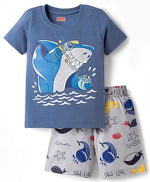 Babyhug Cotton Knit Half Sleeves T-Shirt & Shorts Night Suit With Shark Print - Blue