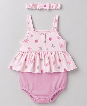 Babyhug 100% Cotton Interlock Knit Sleeveless Onesies With Floral Print & Hairband - Pink