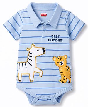 Babyhug 100% Cotton Interlock Knit Half Sleeves Polo Collar Cub Printed Onesie - Multicolour
