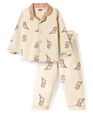 Babyhug Cotton Knit Half Sleeves Shirt & Pyjama Co-ord Night Suit with Dino Print - Brown