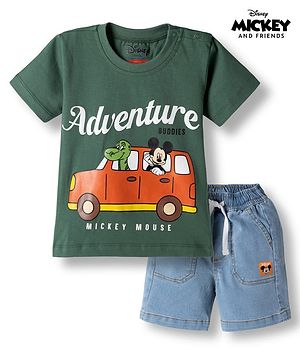 Babyhug Disney Half Sleeves T-Shirt & Denim Shorts With Mickey Mouse Graphics - Multicolor