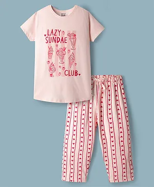 CUCUMBER Knitted Half Sleeves T-Shirt
                              & Capri Night Suit with Heart Print -
                              Baby Pink