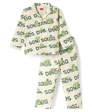 Babyhug Cotton Knit Full Sleeves Shirt & Pyjama Co-ord Night Suit with Dino Print - White