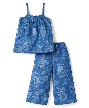 Babyhug Denim Woven Sleeveless Top & Pant
                      Set With Floral Print - Blue