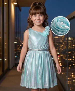 Hola Bonita Knit Sleeveless Glitter
                              Party Dress With Flower Detail Shoulder
                              with Belt - Aqua Blue