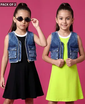 OLLINGTON ST. Cotton Knit Jesrey
                              Lycra Sleeveless Solid Tops &
                              Stretchable Denim Vest - Lime Black &
                              Indigo
