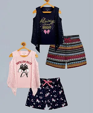 Plum Tree 100% Cotton Knit Pack Of 2
                              Sleeveless Animal & Always Shine
                              Bright Text Printed Tee With Attached
                              Shrug & Shorts Set - Multi Colour