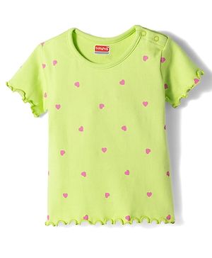 Babyhug Cotton Lycra Knit Half Sleeves T-Shirt with Heart Print - Limegreen