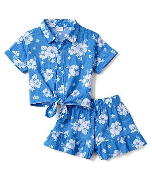 Babyhug Single Jersey Knit Half Sleeves Top & Shorts Co-ord Set with Floral Print - Blue