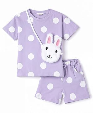 Babyhug Terry Knit Half Sleeves Top & Shorts Co-ord Set with Polka Dot Print & Sling Bag - Lavender