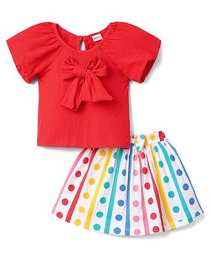 Babyhug Single Jersey Knit Half Sleeves Top & Skirt Set with Polka Dot Print & Bow Applique - Red & White