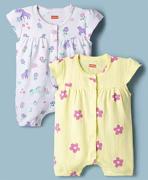 Babyhug 100% Cotton Knit Half Sleeves
                              Rompers with Floral Print Pack of 2 -
                              Multicolor