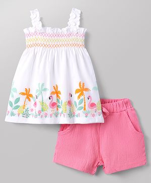Babyhug Single Jersey Knit Sleeveless Top & Shorts Set with Floral & Bird Print - White & Pink