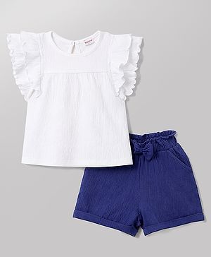 Babyhug Slub Jersey Knit Frill Sleeves Solid Top & Shorts Set with Bow Applique - White & Blue