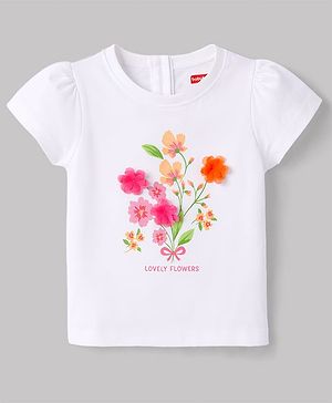 Babyhug Cotton Knit Half Sleeves Top with Floral Print & Applique - Multicolor