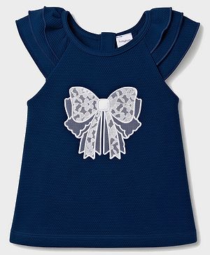 Babyhug 100% Cotton Popcorn Knit Sleeveless Top with Lace Bow Detailing - Navy