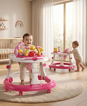 Babyhug 2-in-1 Baby Walker & Push Walker With Musical Play Tray - Pink| Soft Cushion Seat| Compact Fold| Caster Wheels| Adjustable Height| Removable Activity Tray| Toy for 9+ months| Gifting Option