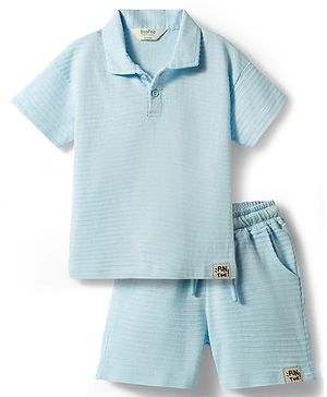 Bonfino 100% Cotton Knit Horizontal Structure Fabric Half Sleeves Solid Polo T-Shirt & Shorts Set with Badge Detailing - Light Blue