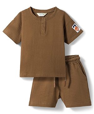Bonfino 100% Cotton Knit Horizontal Structure Fabric Half Sleeves Solid Henley T-Shirt & Shorts Set with Badge Detailing - Brown