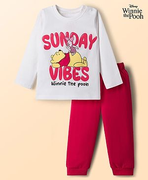 Babyhug Disney 100% Cotton Knit Full Sleeves T-Shirt & Pyjama Night Suit With Winnie The Pooh Graphic - Red
