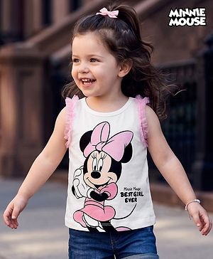 Babyhug Disney Cotton Knit Sleeveless T-Shirt with Minnie Mouse Graphics White 3-6 Months