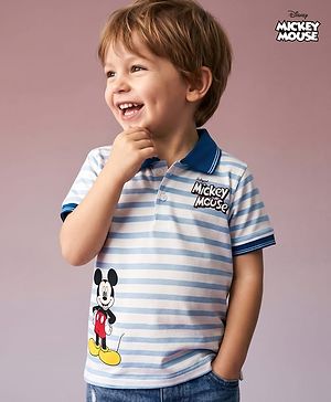 Babyhug Disney Single Jersey Knit Half Sleeves Striped Polo T-Shirt With Mickey Mouse Graphic - Blue