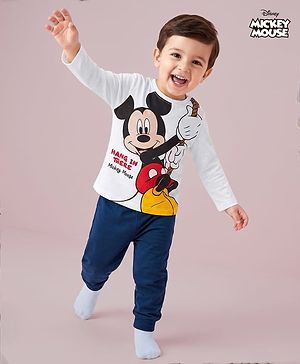 Babyhug Disney Single Jersey Knit Full Sleeves T-Shirt & Pyjama Night Suit With Mickey Mouse Graphic - White / Navy Blue