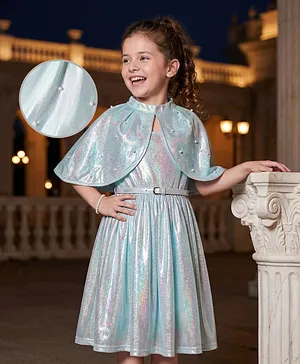 Hola Bonita Knit Sleeveless Shimmer
                              Party Dress With Pearl Detailed Cape &
                              Belt - Blue